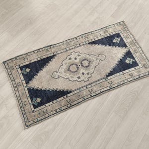 2x3 Vintage Blue Rug, Small Decorative Rug, Handmade Wool Rug, Antique Faded Rug, Kitchen Rug, Doormat Rug, Bathroom Rug 1.6x3.2 ft. Rug