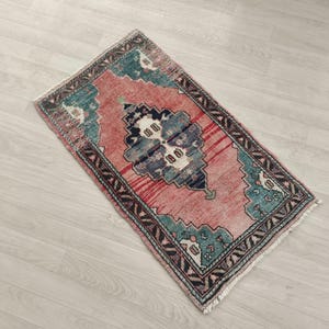 2x3 Rug, Handmade Wool Rug, Vintage Rug, Red Blue Rug, Turkish Rug, Doormat Rug, Small Area Rug, Bathroom Kitchen Nursery Rug 1.7x3.0 ft.