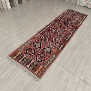 3x9 Red Runner Kilim, Decorative Rug, Hallway Rug, Entryway Rug, Stair Rug, Modern Runner Rug, Handmade Wool Rug 2.6x9.4 ft.