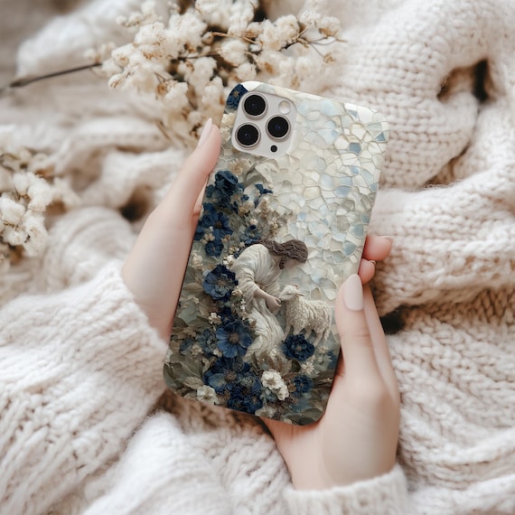 Jesus Good Shepherd Phone Case, Dusty Blue Floral iPhone Samsung Tough Case, Christian Gift for Her, 3D Lamb & Flower Mobile Case Art Print