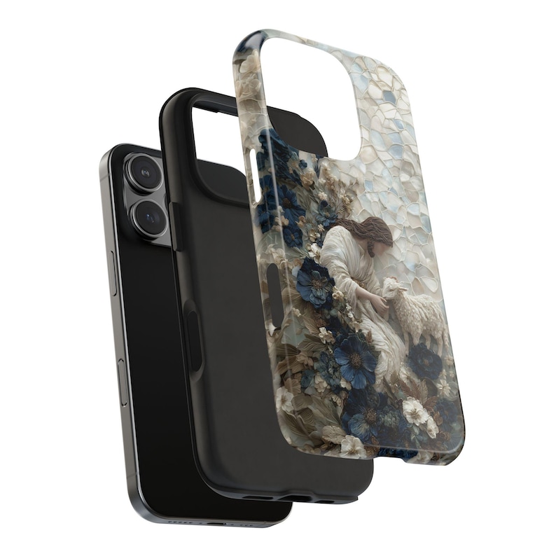 Jesus Guter Hirte Handyhülle, Dusty Blue Floral iPhone Samsung Robuste Hülle, Christliches Geschenk für Sie, 3D Lamm & Blumen Handyhülle Kunstdruck Bild 5