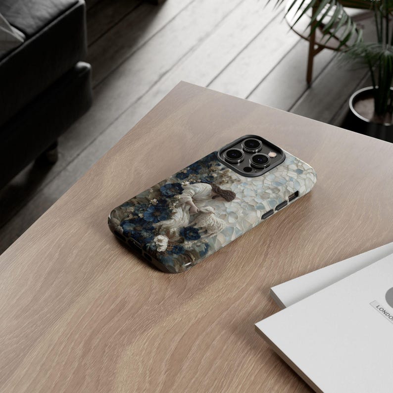 Jesus Guter Hirte Handyhülle, Dusty Blue Floral iPhone Samsung Robuste Hülle, Christliches Geschenk für Sie, 3D Lamm & Blumen Handyhülle Kunstdruck Bild 4