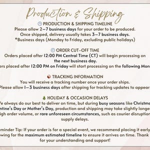 May include: A beige-toned graphic with the text "Production & Shipping" at the top. The text details production and shipping timelines, order cut-off times, tracking information, and potential holiday delays. It also includes a reminder tip for special events.