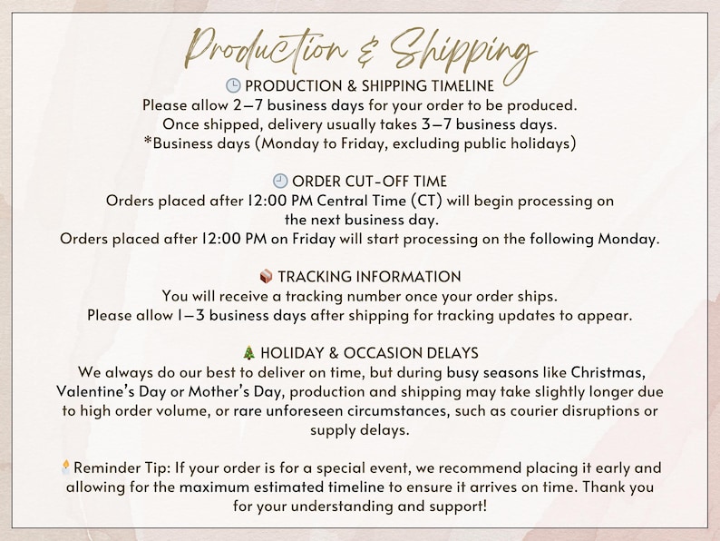 May include: A beige-toned graphic with the text "Production & Shipping" at the top. The text details production and shipping timelines, order cut-off times, tracking information, and potential holiday delays. It also includes a reminder tip for special events.