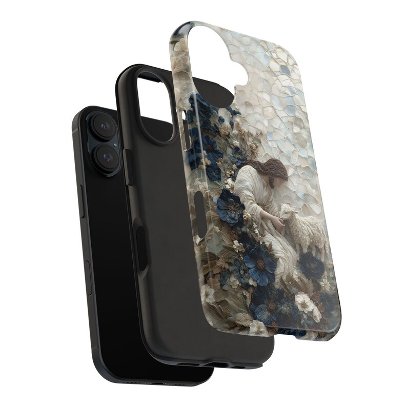 Jesus Guter Hirte Handyhülle, Dusty Blue Floral iPhone Samsung Robuste Hülle, Christliches Geschenk für Sie, 3D Lamm & Blumen Handyhülle Kunstdruck Bild 6