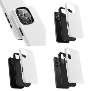May include: White and black phone cases in various styles. The cases are shown separately and assembled, showcasing the design and fit. The cases are made of a smooth material and have cutouts for the camera and buttons.