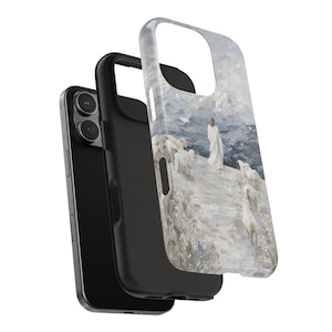 May include: A black phone case with a protective layer featuring a painting of a figure in white robes with sheep on a hillside. The artwork has a muted color palette of white, gray, and blue.