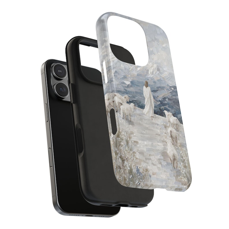 May include: A black phone case with a protective layer featuring a painting of a figure in white robes with sheep on a hillside. The artwork has a muted color palette of white, gray, and blue.