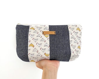 Patchwork Zipper Pouch Clutch - Chickens, Pencil Pouch, School Supplies, Multi Use Bag