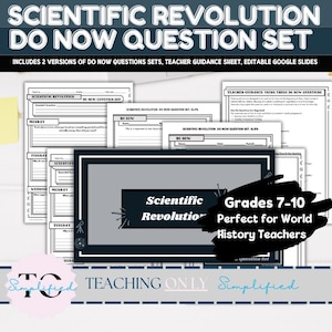 Op de afbeelding: Educatief materiaal over de Wetenschappelijke Revolutie, inclusief vragenreeksen, lerarenhandleidingen en bewerkbare Google Slides. Geschikt voor geschiedenisleraren van groep 7-10. De afbeelding toont werkbladen en een presentatiedia met de titel 'Scientific Revolution'.