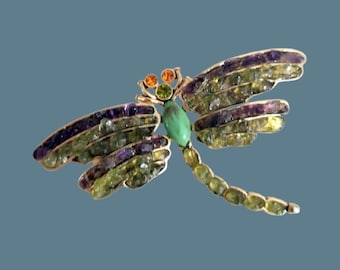 Vintage Liz Claiborne Peridot Green Amber Semi Precious Stone Dragonfly Brooch Pin