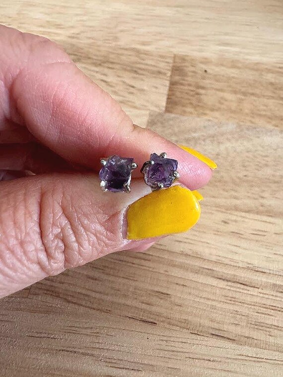 Sterling Silver Rough Amethyst Stud Earrings - image 2