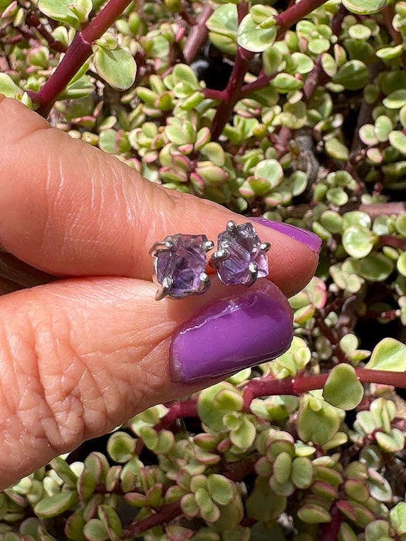Sterling Silver Rough Amethyst Stud Earrings - image 1