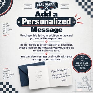 May include: A white greeting card with a dark blue envelope, featuring the text 'Add a Personalized Message' and instructions for adding custom text. The card interior shows a handwritten birthday message, with a logo reading 'CARD GARAGE'.