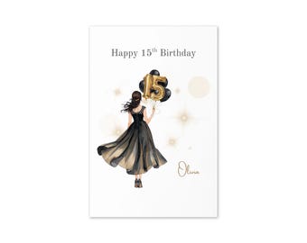 Personalized 15th Birthday card for daughter niece or  granddaughter Custom Name Greeting cards Black Gold Theme