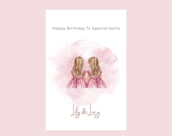 Personalized twin girls  Birthday card Custom name Greeting cards for Bday with inside message option