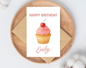 Personalized Pink cupcake birthday Greeting cards With custom name option