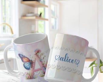 Custom name and initials mug Personalized aesthetic Floral white glossy coffee mugs for gift and personal use