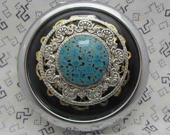 Compact Mirror Teal Flowers Black Compact Mirror Unique Compact Mirror Gift Bridesmaids Gift Comes With Protective Pouch Gift for Her