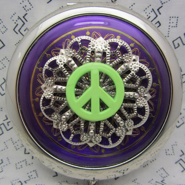 Compact Mirror Green Peace Sign on Purple Comes With Protective Pouch