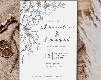 植物モチーフの結婚式招待状テンプレート｜黒線画の花柄（Canva）