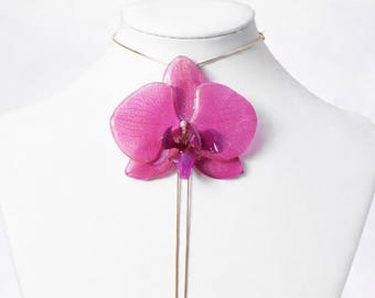 Real Orchid Pendant Necklace, Botanical Lariat, Beaded Flower Jewelry
