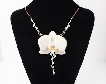 Real White Orchid Pendant Necklace, Bridal Wedding Jewelry, Adjustable Chain