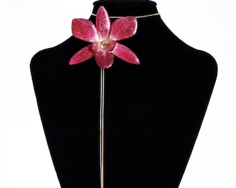 Shimmery whimsical Pink Real Orchid Pendant Necklace, Real Flower Necklace, Orchid Necklace, Botanical Jewelry, Adjustable Necklace, jewel