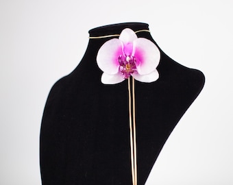 Real Orchid Pendant Necklace, Preserved Botanical Jewelry, Stainless Steel Chain