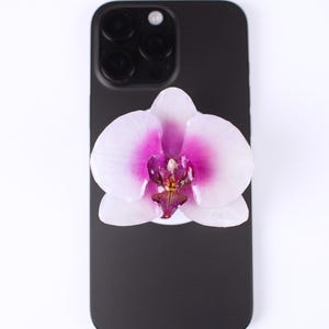 May include: A black smartphone case with a vibrant orchid flower attached. The orchid features white petals with a deep pink center and a yellow and brown interior. The phone case has a multi-lens camera.