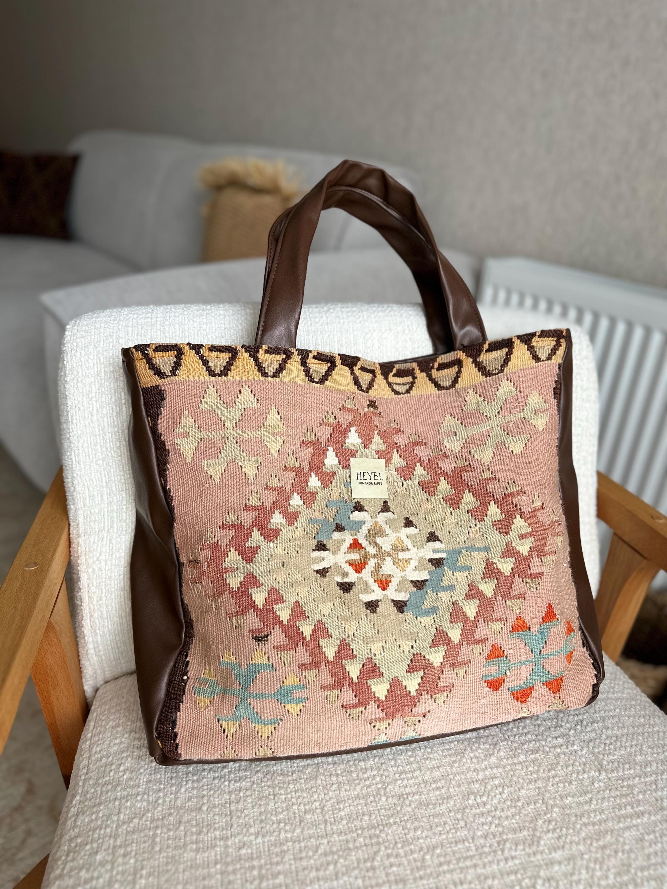 Kilim Leather Handmade Oversized Tote Bag, Vintage Large Travel Bag, Eco friendly Sustainable Shopping Boho Bag, Aesthetic  Unique Tote Bag
