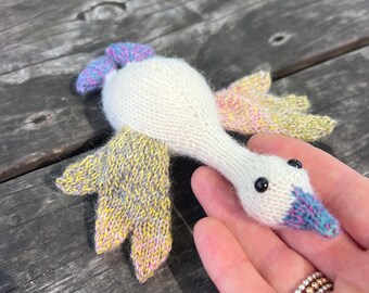 White knitted Goose Colored details Handcrafted Toy Handmade