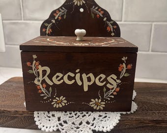 Vintage Handpainted Wooden Recipe Box with Lid
