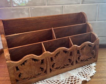 Vintage handmade wood organizer, desk and kitchen organizer, made in India.