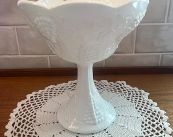 Vintage Milk Glass Pedestal Dish, Grapes and Leaves Design