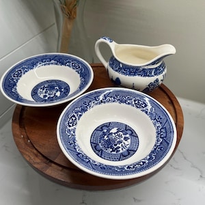3 Vintage Blue Willow Ware Pieces, one creamer/gravy boat, 2 cereal/soup bowls, vintage Blue Willow