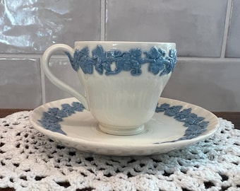 Wedgwood Etruria & Barlaston Queensware Bone China Demitasse Cup and Saucer Set, blue lavendar on ivory