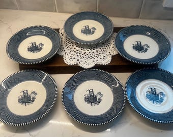 6 Vintage Royal China saucers in the blue and white "Currier & Ives" pattern featuring a steamboat design