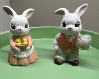 Vintage Homco Easter Bunny Figurines, Porcelain Rabbit Family