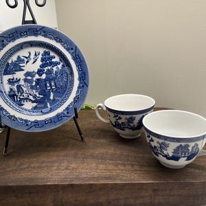 Johnson Brothers Blue Willow series, 2 tea/coffee cups and 1 salad/dessert plate, vintage Blue Willow