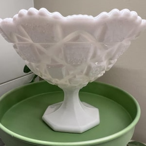 Westmoreland Milk Glass Old Quilt Compote Footed Round Dish, vintage milk glass pedestal dish