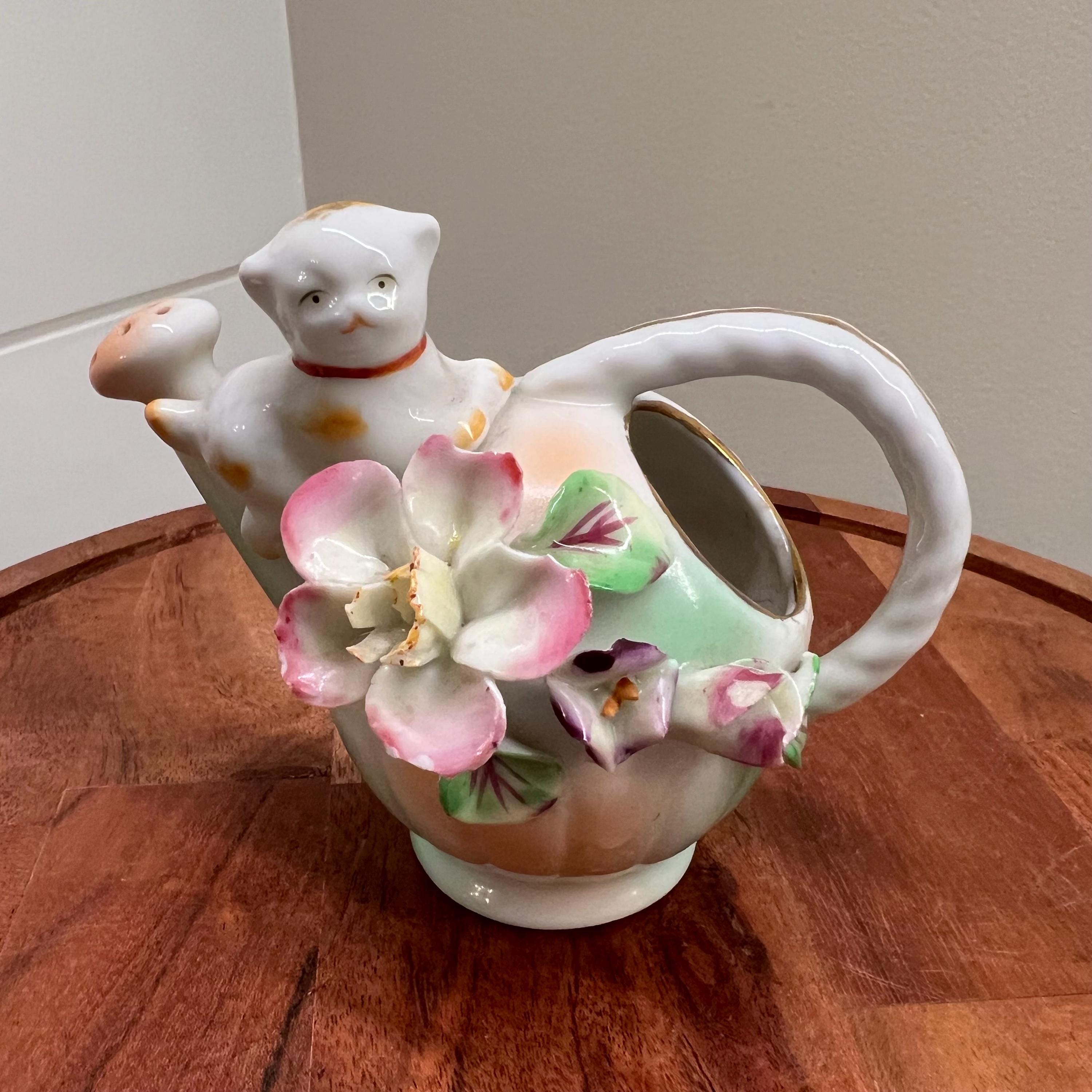 Vintage Ucagco 3-D flower and Cat Watering Can Figurine with gold accents, vintage cat figurine, made in Japan