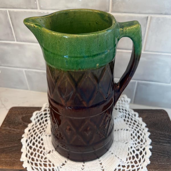 Antique Bennington Diamond Pattern Jug - Green Brown Slip Glaze