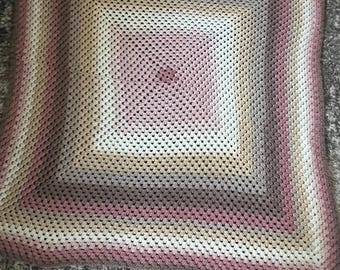 Handmade Baby Afghan, Soft Pink Cream Knit Blanket (4x4 ft)