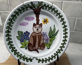 Vintage MM Portugal Hand-Painted Folk Art Kitty Cat Red Ware Plate/Bowl