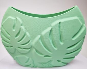 Pequeño jarrón de hojas de monstera verde menta / Decoración tropical minimalista impresa en 3D