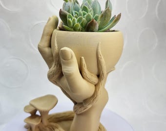May include: A beige ceramic planter shaped like a hand holding a succulent plant. The hand is attached to a tree trunk base with a mushroom-shaped side planter.