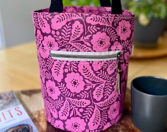 Floral Fuchsia Project Tote | Handmade Knitting Bag with Zipper Pocket