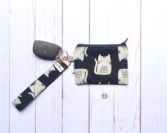 Cotton Keychain Wallet with Cat Print | Small Zipper Pouch, Wristlet Bag