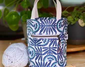 Blue Print Laminated Cotton Project Tote | Knitting & Sewing Bag